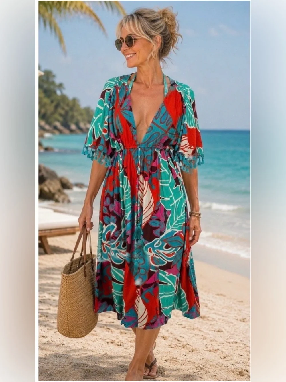 Tropical Teal & Red Floral Women’s Swim Cover-Up Dress